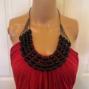 Red halter mini dress/ tunic with black beaded necklace neckline M